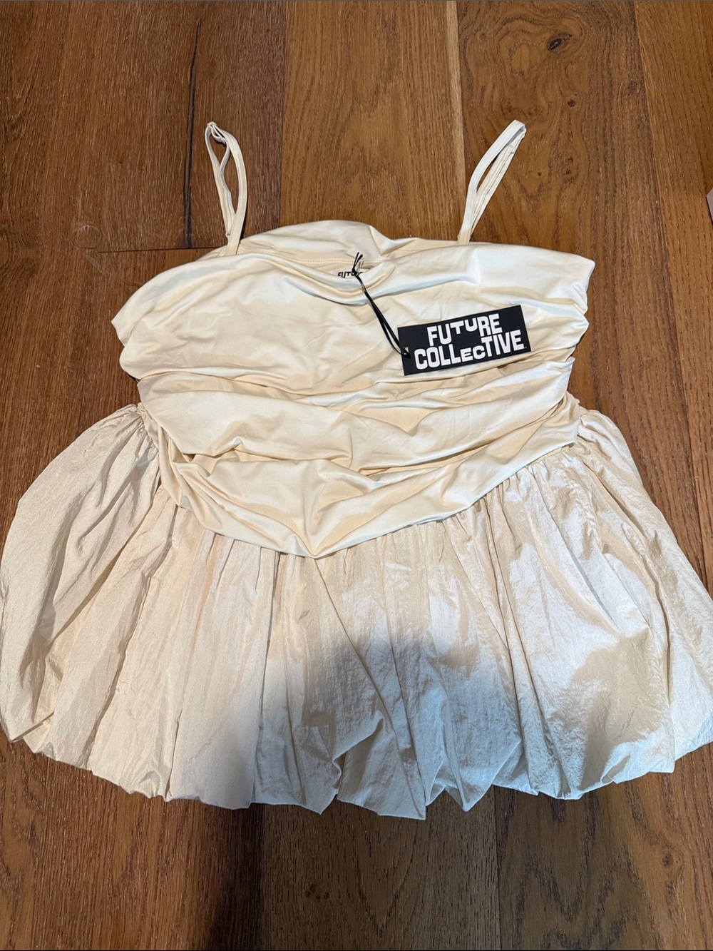 Future Collective Cream Ruched Spaghetti Strap Dress